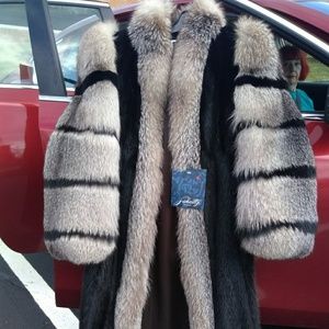 Full length mink coat with silver fox sleeves